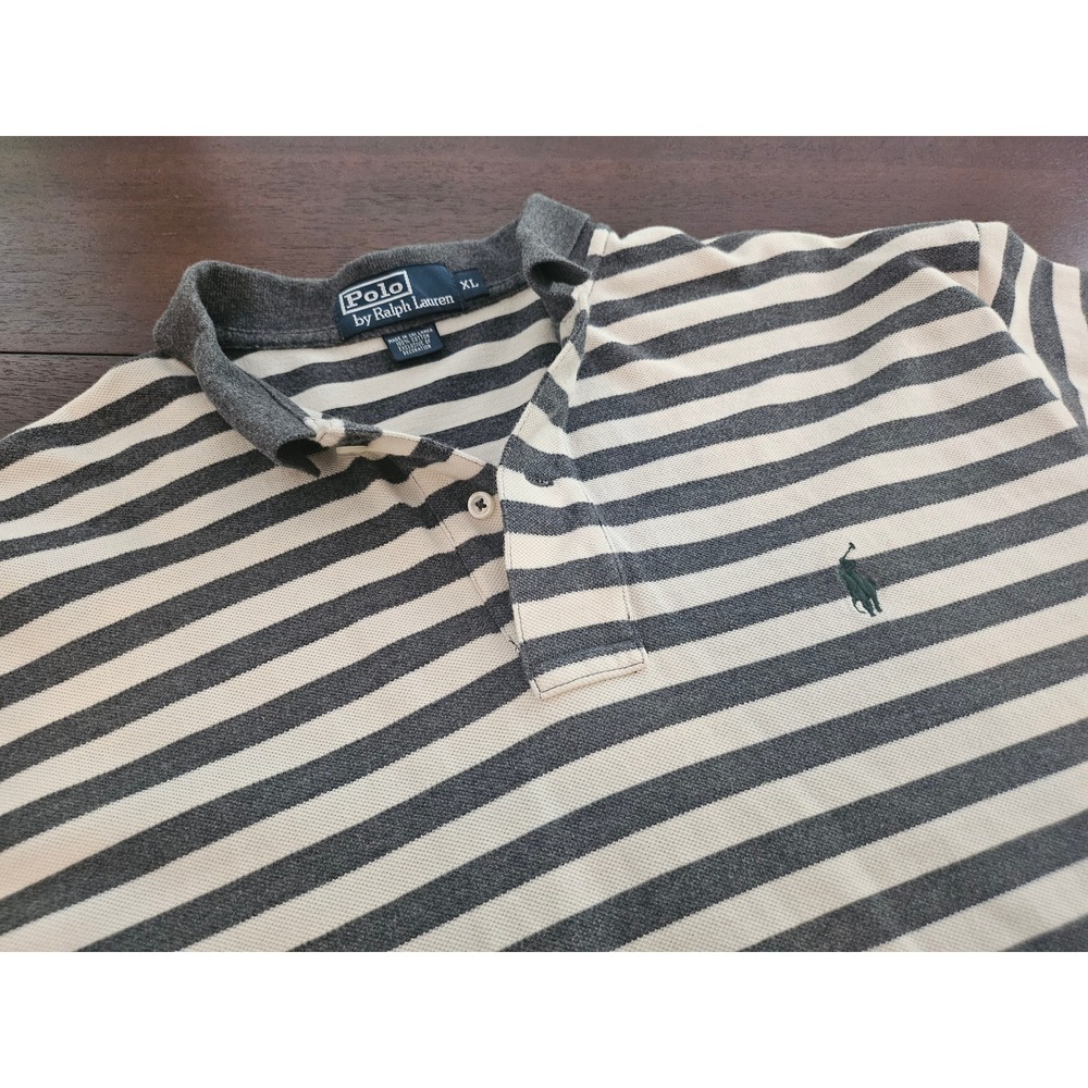 Polo Ralph Lauren Polo Shirt Mens XL Grey Cream Striped Short Sleeve Pique